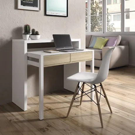 Buy Epsom Computer Writing Desk – White & Oak Finish with Reversible Legs and 2 Drawers from Furnituretta