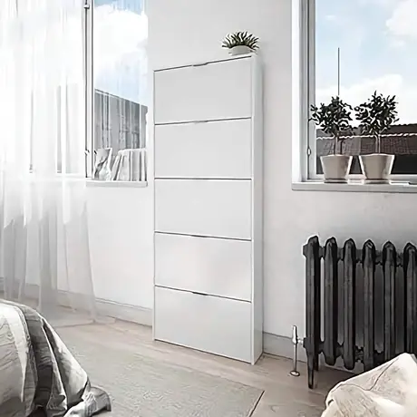 Buy Adur Shoe Cabinet – White Soft Gloss Finish with 5 Revolving Drawers from Furnituretta