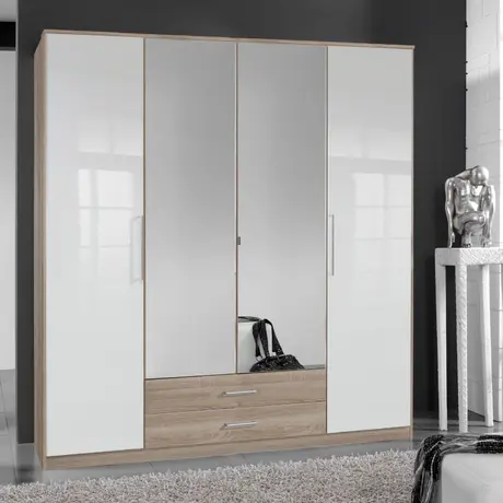 Buy Selby Wardrobe – White Gloss & Oak Effect with 4 Doors and 2 Drawers from Furnituretta