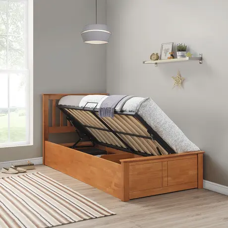 Buy Francis Oak Wooden Ottoman Bed – Single | Gas-Lift Storage & Adaptable Side Opening, Colour: Oak, Size: Single (3ft), Item Width: 106.9, 4 from Furnituretta