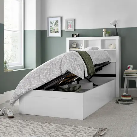 Buy Oscar White Wooden Ottoman Storage Bed – Single | Bookcase Headboard & Gas-Lift Storage, 2 from Furnituretta