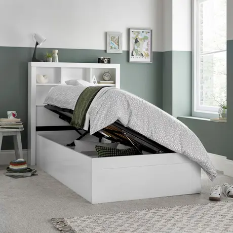 Buy Oscar White Wooden Ottoman Storage Bed – Single | Bookcase Headboard & Gas-Lift Storage, 3 from Furnituretta