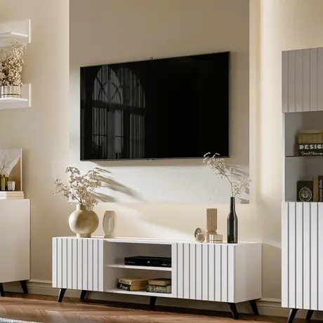 Buy Ascot Large TV Cabinet Unit With 2 Doors and Open Shelves Matte White from Furnituretta