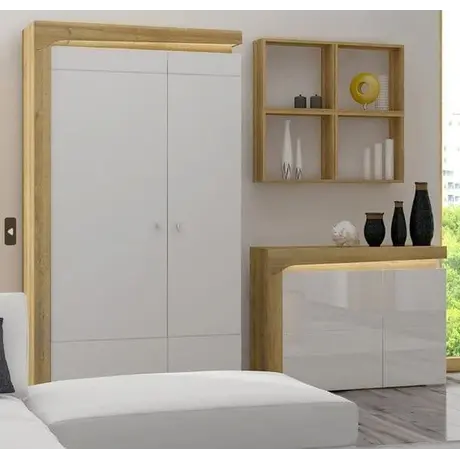 Buy Banff 2 Door Wardrobe with LED Lights Oak Effect and White Gloss from Furnituretta