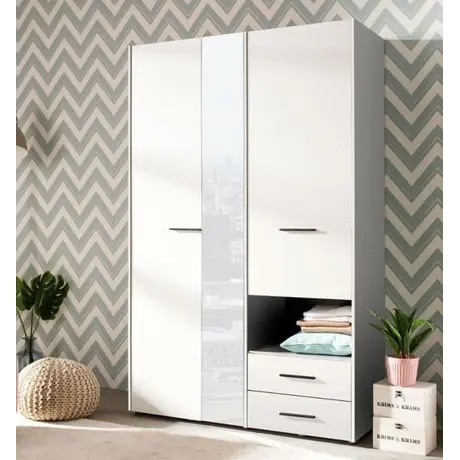 Buy Kinross Modern 3 Door Wardrobe – White with Mirror & 2 Drawers, Colour: White, 7 from Furnituretta