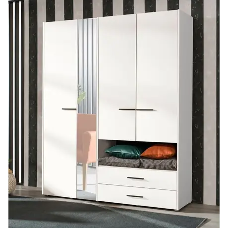 Buy Kinross Modern 4 Door Wardrobe – White with Mirror, Drawers & Open Shelf, Colour: White from Furnituretta