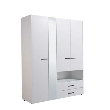 Buy Kinross Modern 4 Door Wardrobe – White with Mirror, Drawers & Open Shelf, Colour: White, 3 from Furnituretta