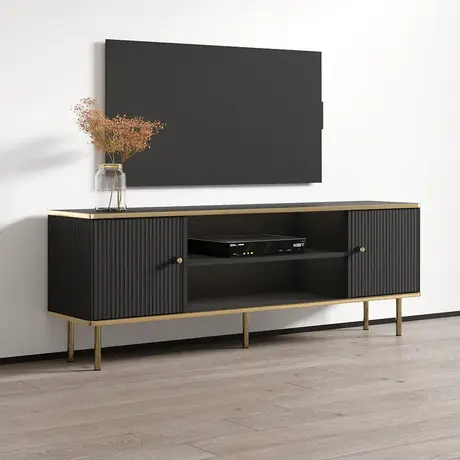 Buy Kelso TV Unit Cabinet 2 Doors with Open Shelf Black and Gold, Colour: Black from Furnituretta