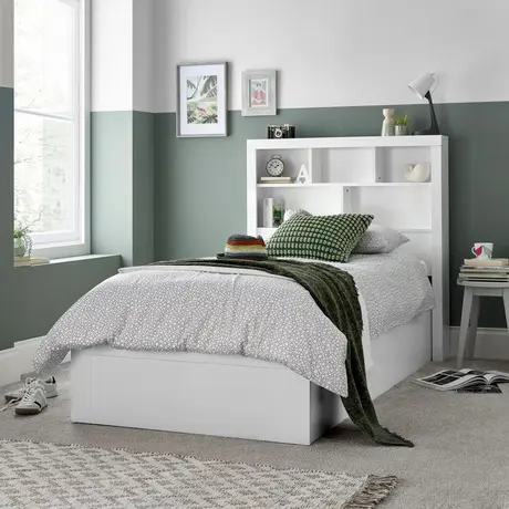 Buy Oscar White Wooden Ottoman Storage Bed – Single | Bookcase Headboard & Gas-Lift Storage from Furnituretta