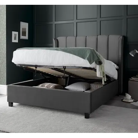 Buy Aurora Grey Velvet Ottoman Bed – King | Gas Lift Storage with Winged Headboard, Colour: Grey, Size: King (5ft), Item Width: 173 from Furnituretta