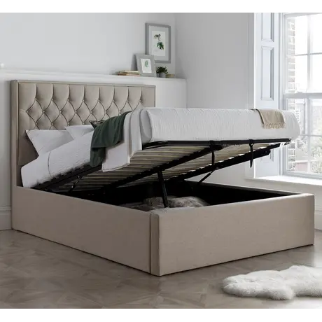 Buy Wilson Oatmeal Fabric Ottoman Bed – King | Gas Lift Storage Frame with Buttoned Headboard, Colour: Oatmeal, Size: King (5ft), Item Width: 160 from Furnituretta