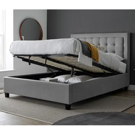 Buy Brandon Grey Fabric Ottoman Bed – King | Gas Lift Storage Frame with Buttoned Headboard, Colour: Grey, Size: King (5ft), Item Width: 157.5 from Furnituretta