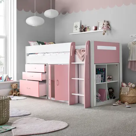 Buy Lacy Pink Storage Mid Sleeper Bed – Single | Smart Storage & Reversible Ladder, Colour: Pink, Size: Single (3ft), Item Width: 112.6 from Furnituretta