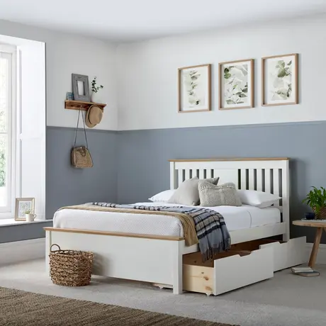 Buy Chester White Bed – Double Size | Oak & White Bed Frame with Optional Storage Drawers, Colour: White, Size: Double (4ft6), Item Width: 150.8 from Furnituretta