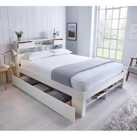 Buy Fabio White Wooden Bed – Double & King | Solid Pine Frame with Headboard Storage, Colour: White, Size: Double (4ft6), Item Width: 146.4 from Furnituretta