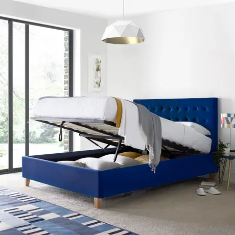 Buy Kingham Blue Velvet Ottoman Bed Double Size | Gas Lift Storage Frame with Deep Tufted Headboard, Colour: Blue, Size: Double (4ft6), Item Width: 145 from Furnituretta