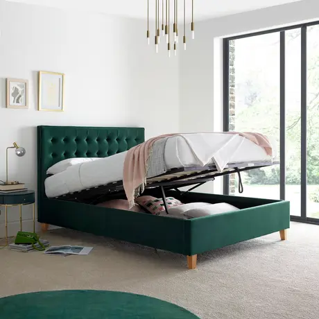 Buy Kingham Green Velvet Ottoman Bed – King | Gas Lift Storage Frame with Deep Tufted Headboard, Colour: Green, Size: King (5ft), Item Width: 160 from Furnituretta