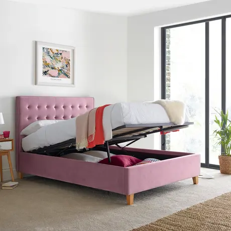 Buy Kingham Pink Velvet Ottoman Bed Double Size | Gas Lift Storage Frame with Deep Tufted Headboard, Colour: Pink, Size: Double (4ft6), Item Width: 145 from Furnituretta