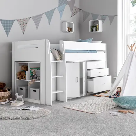 Buy Lacy White Storage Mid Sleeper Bed – Single | Smart Storage & Reversible Ladder, Colour: White, Size: Single (3ft), Item Width: 112.6 from Furnituretta