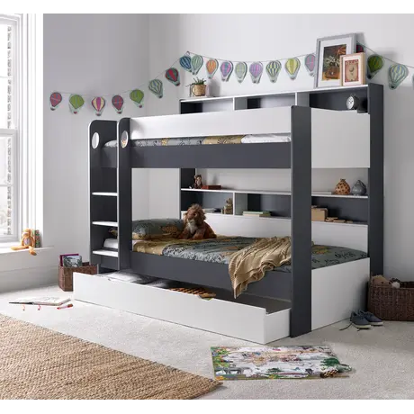Buy Oliver Grey and White Storage Bunk Bed – Single | Built-In Shelves & Reversible Ladder, Colour: Grey and White, Size: Single (3ft), Item Width: 125.1, 11 from Furnituretta
