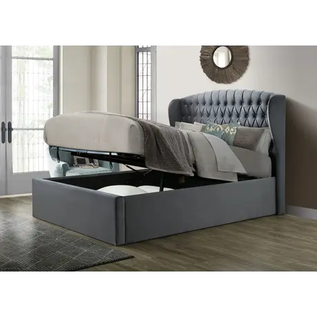 Buy Warwick Grey Velvet Ottoman Bed Double – Gas Lift Storage Frame with Winged Headboard, Colour: Grey, Size: Double (4ft6), Item Width: 145 from Furnituretta
