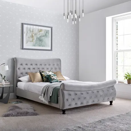 Buy Oxford Grey Velvet Chesterfield Sleigh Bed | Elegant Buttoned Velvet Frame in Super King, Colour: Grey, Size: Super King (6ft), Item Width: 189.5 from Furnituretta