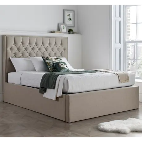 Buy Wilson Oatmeal Fabric Ottoman Bed – King | Gas Lift Storage Frame with Buttoned Headboard, Colour: Oatmeal, Size: King (5ft), Item Width: 160, 3 from Furnituretta