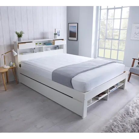 Buy Fabio White Wooden Bed – Double & King | Solid Pine Frame with Headboard Storage, Colour: White, Size: Double (4ft6), Item Width: 146.4, 4 from Furnituretta
