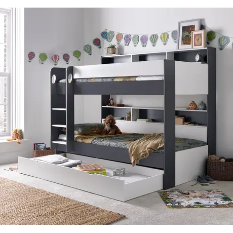 Buy Oliver Grey and White Storage Bunk Bed – Single | Built-In Shelves & Reversible Ladder, Colour: Grey and White, Size: Single (3ft), Item Width: 125.1, 12 from Furnituretta