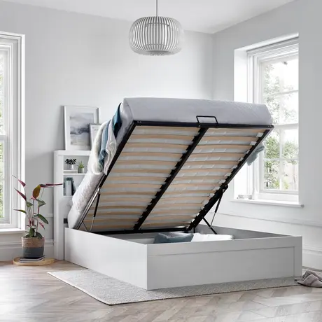 Buy Arizona White Wooden Ottoman Storage Bed – Double | Gas Lift Frame with Bookcase Headboard, Colour: White, Size: Double (4ft6), Item Width: 157, 3 from Furnituretta