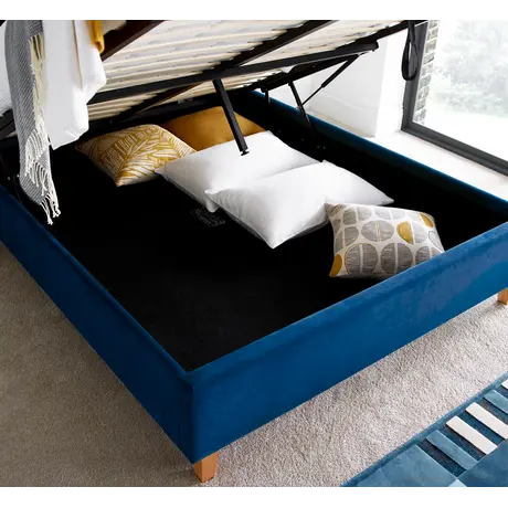 Buy Kingham Blue Velvet Ottoman Bed Double Size | Gas Lift Storage Frame with Deep Tufted Headboard, Colour: Blue, Size: Double (4ft6), Item Width: 145, 7 from Furnituretta