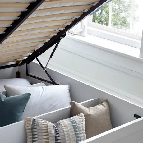 Buy Arizona White Wooden Ottoman Storage Bed – King | Gas Lift Frame with Bookcase Headboard, Colour: White, Size: King (5ft), Item Width: 172, 7 from Furnituretta