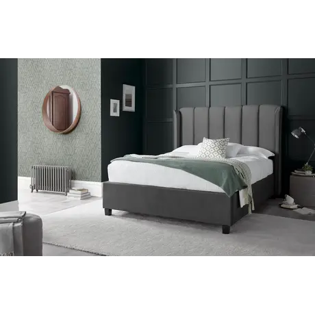 Buy Aurora Grey Velvet Ottoman Bed – King | Gas Lift Storage with Winged Headboard, Colour: Grey, Size: King (5ft), Item Width: 173, 2 from Furnituretta