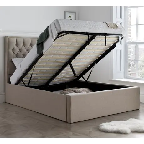 Buy Wilson Oatmeal Fabric Ottoman Bed – King | Gas Lift Storage Frame with Buttoned Headboard, Colour: Oatmeal, Size: King (5ft), Item Width: 160, 4 from Furnituretta