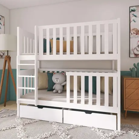 Buy Wooden Bunk Bed David with Storage, Colour: White Matt, Mattresses: Foam Mattresses from Furnituretta