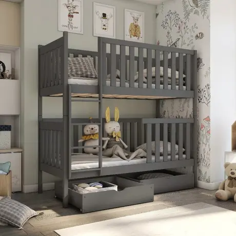 Buy Wooden Bunk Bed David with Storage, Colour: Graphite, Mattresses: Foam Mattresses from Furnituretta