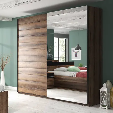 Buy Beta Sliding Door Mirrored Wardrobe, Colour: Oak Monastery, Item Width: 180 from Furnituretta