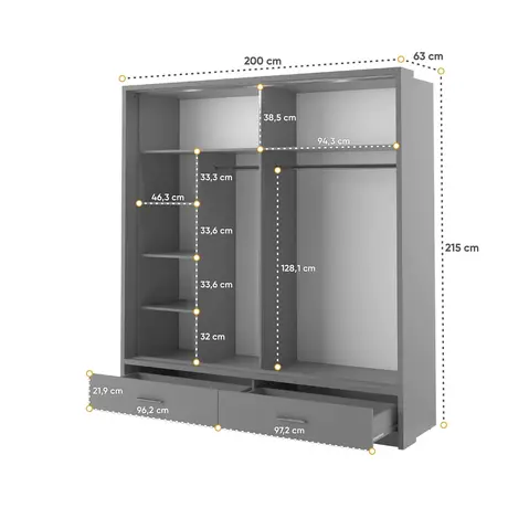 Buy Arti 24 - 2 Sliding Door Wardrobe Grey Matt 200cm, Colour: Grey Matt, Item Width: 200, 3 from Furnituretta