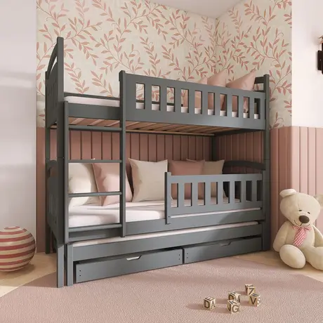 Buy Wooden Bunk Bed Blanka with Trundle and Storage Graphite, Colour: Graphite, Mattresses: Without Mattresses from Furnituretta