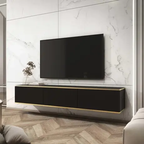 Buy Oro Floating TV Cabinet – Black 175cm | Sleek Wall-Mounted Media Storage, Colour: Black, Item Width: 175 from Furnituretta
