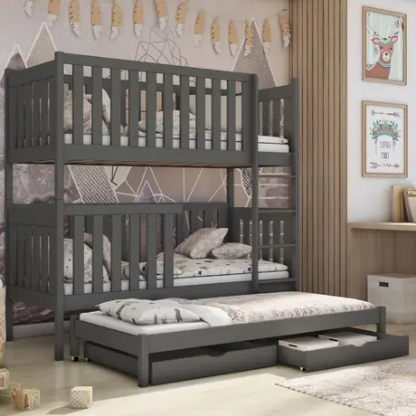 Buy Wooden Bunk Bed Emily with Trundle and Storage Graphite, Colour: Graphite, Mattresses: Without Mattresses from Furnituretta