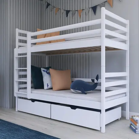 Buy Wooden Bunk Bed Nemo with Storage White Matt, Colour: White Matt, Mattresses: Foam/Bonnell Mattresses from Furnituretta