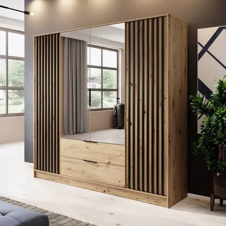 Buy Nelly Hinged Mirror Door Wardrobe 206cm Oak Artisan, Colour: Oak Artisan, Item Width: 206 from Furnituretta