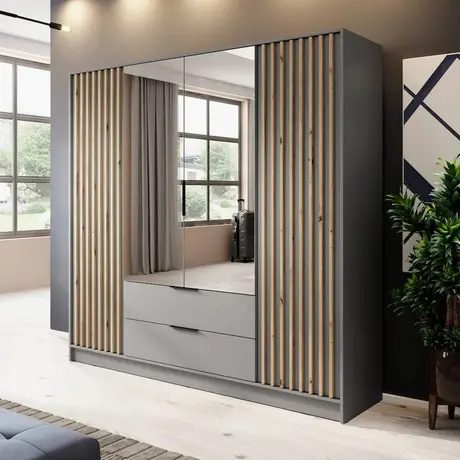 Buy Nelly Hinged Mirror Door Wardrobe 206cm Grey, Colour: Grey, Item Width: 206 from Furnituretta