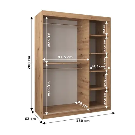Buy Tokyo Sliding Door Wardrobe Oak Artisan 150cm, Colour: Oak Artisan, Item Width: 150, 7 from Furnituretta
