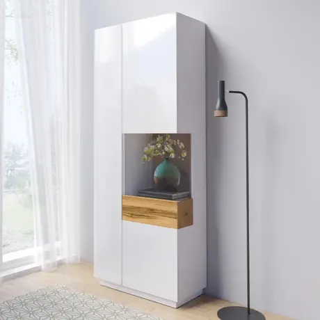 Buy Silke 13 Tall Display Cabinet White Gloss & Wotan Oak [Right], Colour: White Gloss / Wotan Oak, Item Width: 80, 4 from Furnituretta