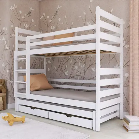 Buy Wooden Bunk Bed Tomi with Trundle and Storage White Matt, Colour: White Matt, Mattress: Foam Mattresses from Furnituretta