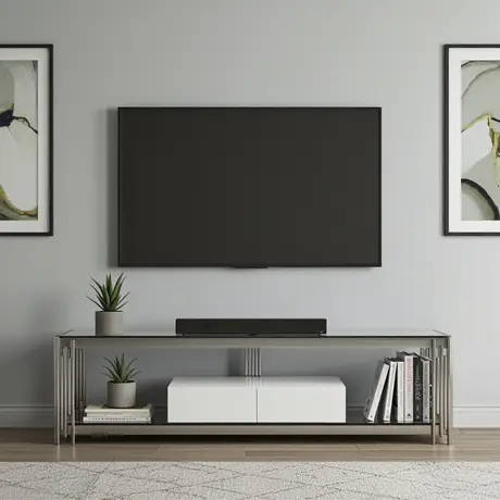 Buy Fulvia TV Unit – Clear Glass Top & White High Gloss Drawer, 3 from Furnituretta