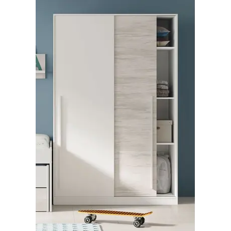 Buy Crawley Small Narrow Sliding 2 Door Wardrobe Artic White and White Oak Effect 120cm Wide from Furnituretta