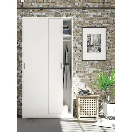 Buy Larsen Small Narrow Sliding 2 Door Wardrobe – White | Compact Storage with Rail & Shelf, Colour: White, Item Width: 100, 4 from Furnituretta